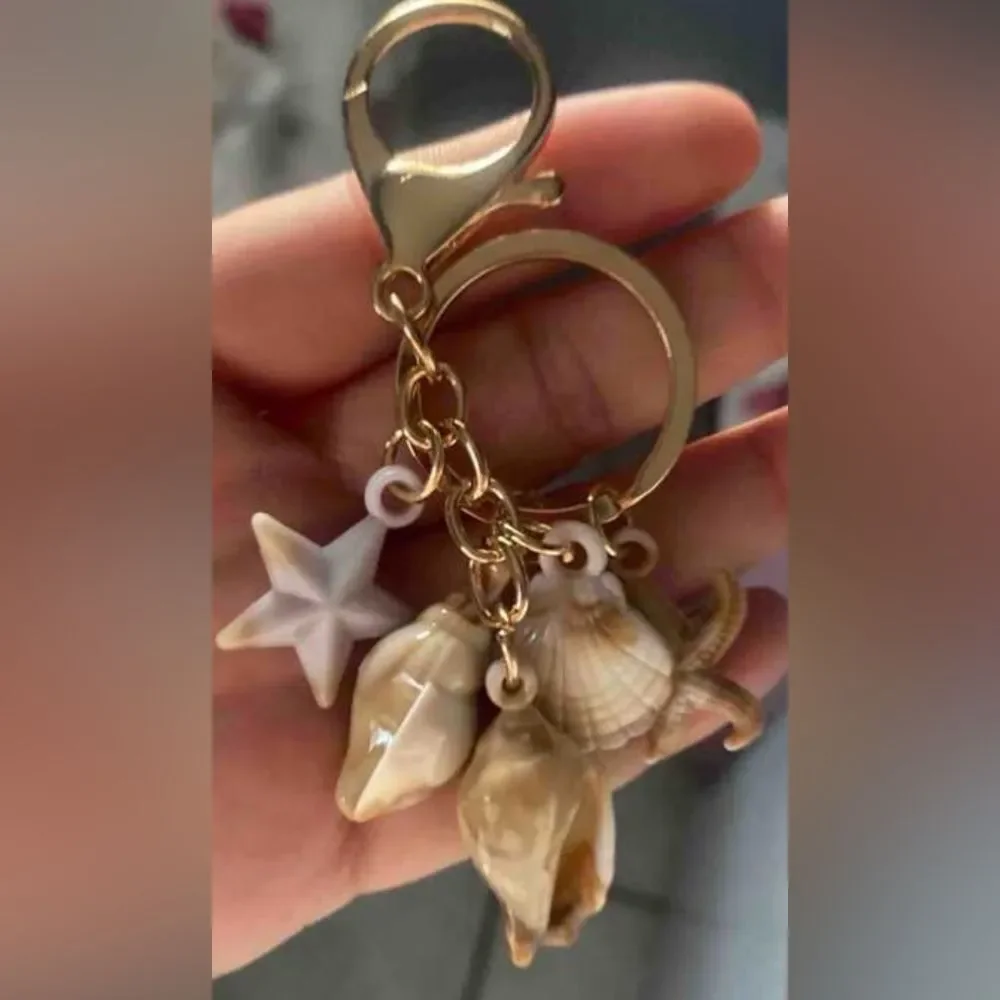 NEW! Seashell Charm Keychain Bag Charm - Khaki Tan Coastal & Cream